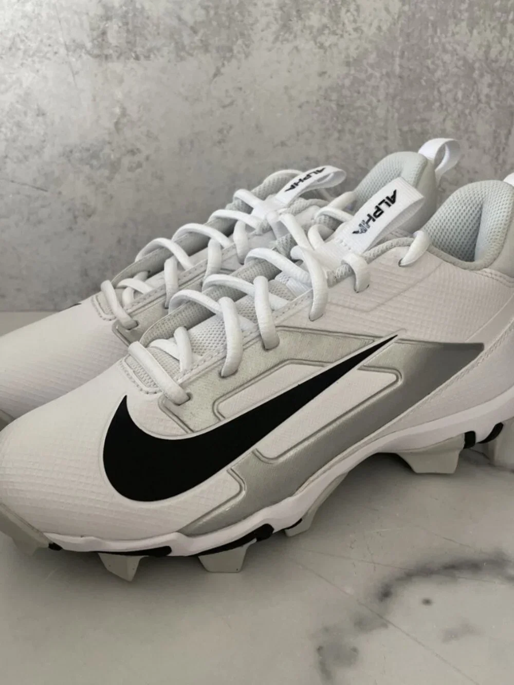 EUC Nike Alpha Menace 4 Shark 'White Metallic Silver' FOOTBALL CLEATS SIZE 1Y